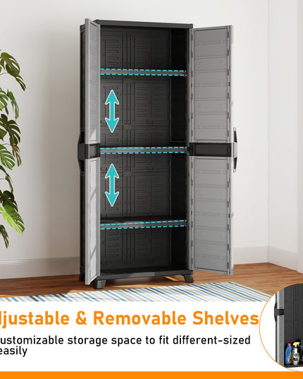 Giantex 68" Lockable Storage Cabinet | PP Garage Storage Shed with Doors & 3 Adjustable Shelves