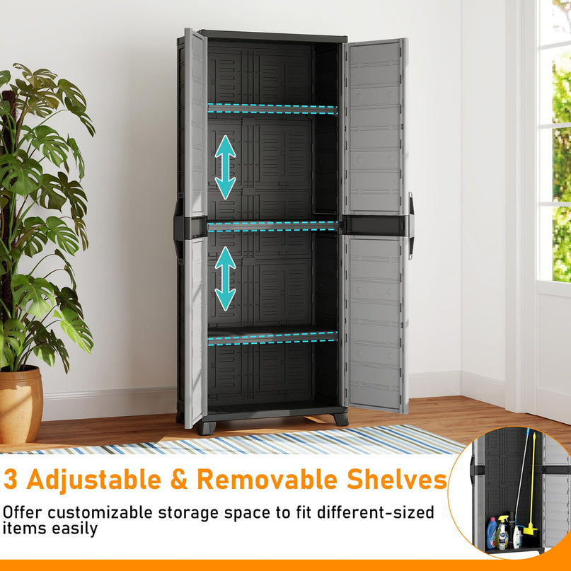 Giantex 68" Lockable Storage Cabinet | PP Garage Storage Shed with Doors & 3 Adjustable Shelves
