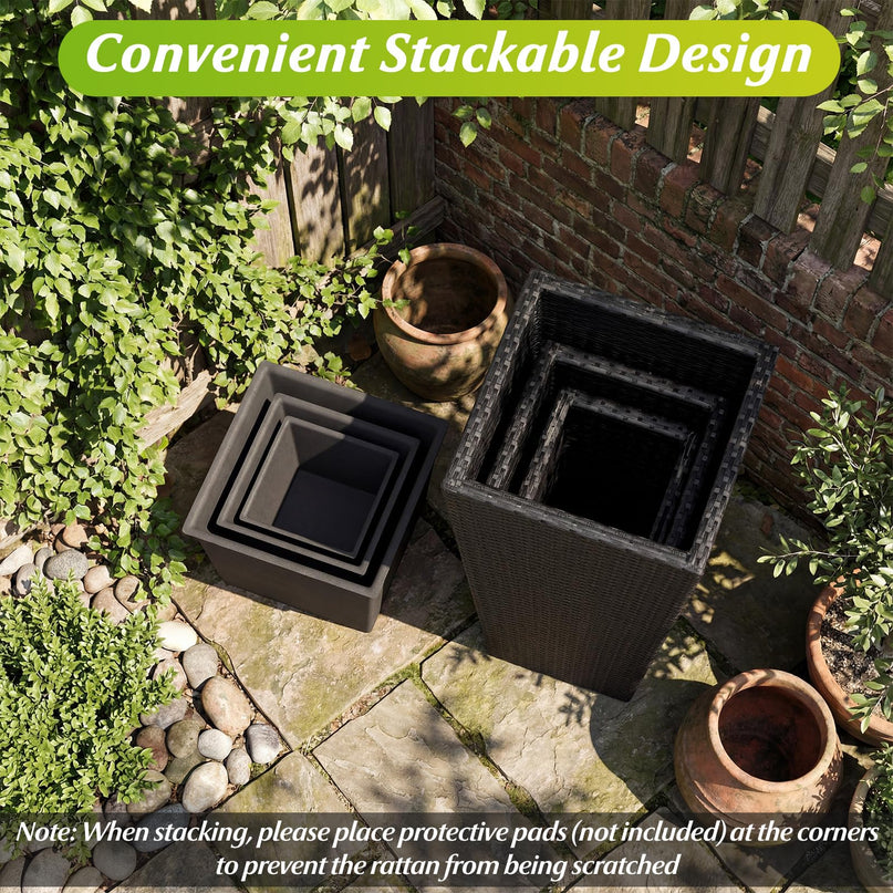 Giantex Lot de 3 jardinières hautes | Jardinières coniques en rotin de 76,2 cm, 55,9 cm et 47 cm de haut avec bacs intérieurs amovibles