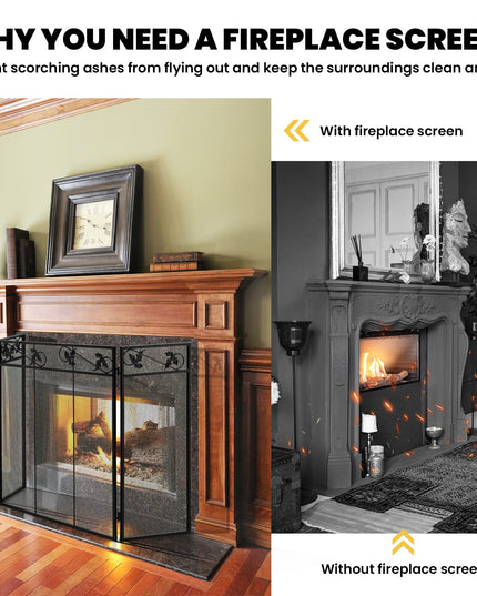 Giantex 3-Panel Fireplace Screen Black - 50 x 30 Inch Folding Antique Mesh Metal Flat Fireplace Screen