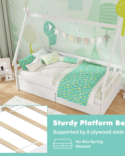 Giantex Twin Bed with 2 Storage Drawers, Wood Montessori House Tent Bed Frame with Safety Guardrail