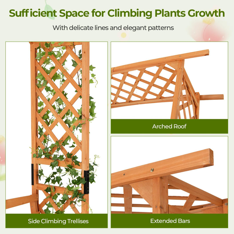 Giantex Garden Arch Trellis with Bench - 63''W x 79''H Wooden Arbor with 2-Person Outdoor Bench