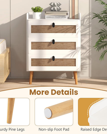 Giantex Rattan Nightstand, Boho 3-Drawer Dresser with 4 Solid Wood Legs