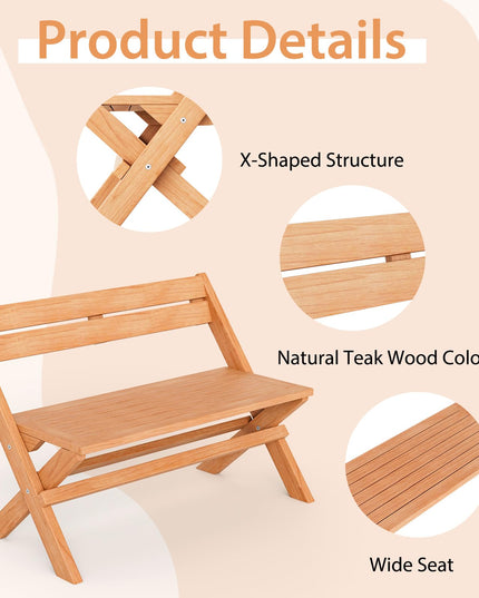 Giantex Wood Outdoor Bench Folding - 2-Person Patio Garden Bench with Solid Teak Wood Structure