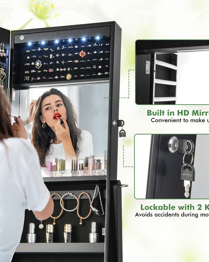CHARMAID 6 LEDs Jewelry Cabinet Armoire with High Full length Mirror, Lockable Standing Jewelry Organizer Storage with lipstick Tray