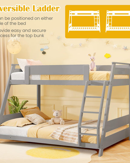 Giantex Wood Bunk Beds Twin Over Full Size, Solid Wood Floor Low Bunk Bed w/Removable Ladder