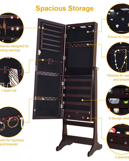 Giantex 57.5"H 2 LEDs Standing Jewelry Cabinet with Full Length Mirror with 2 Drawers, 4 Adjustable Angles, Jewelry Storage Organizer