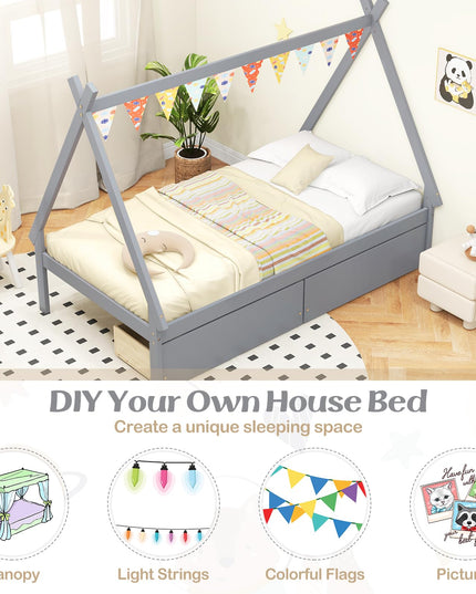 Giantex Twin Bed Frame with 2 Storage Drawers, Wood House Tent Platform Bed Frame with Triangle Structure