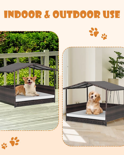 Giantex Wicker Dog House, Raised Rattan Dog Bed with Roof, Removable Cushion and Steel Frame