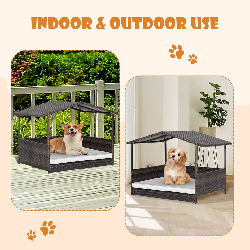 Giantex Wicker Dog House, Raised Rattan Dog Bed with Roof, Removable Cushion and Steel Frame