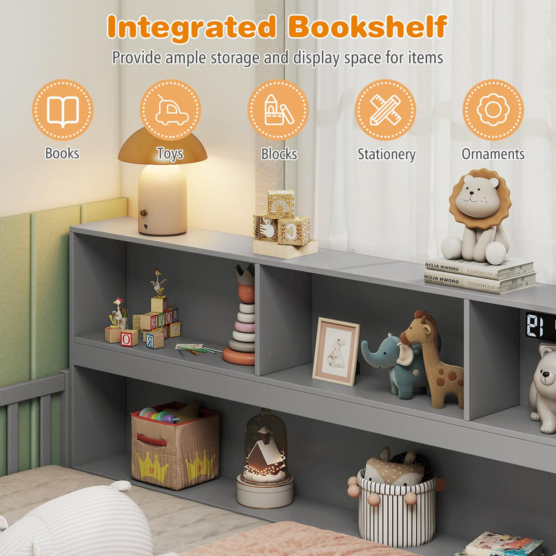 Giantex Twin Floor Bed with Bookcase for Kids