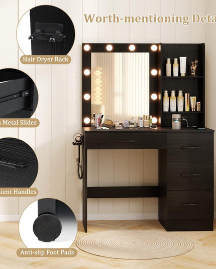 CHARMAID Vanity Desk with Mirror and Lights, Black Makeup Vanity Desk with 4 Large Drawers