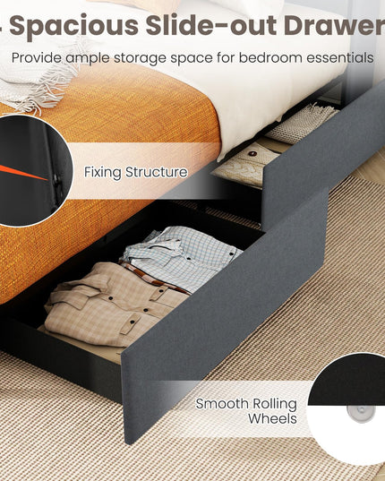 Giantex Full/Queen Size Bed Frame with 4 Storage Drawers & LED Lights, Headboard & Charging Station, Wooden Slats, Easy Assembly, Grey