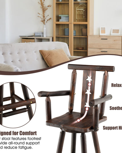 Brown Bar Stool, 29’’ Solid Fir Wood Bar Chair with Footrest, Decorative Star Backrest, Wide Armrest, Rustic Kitchen Stool