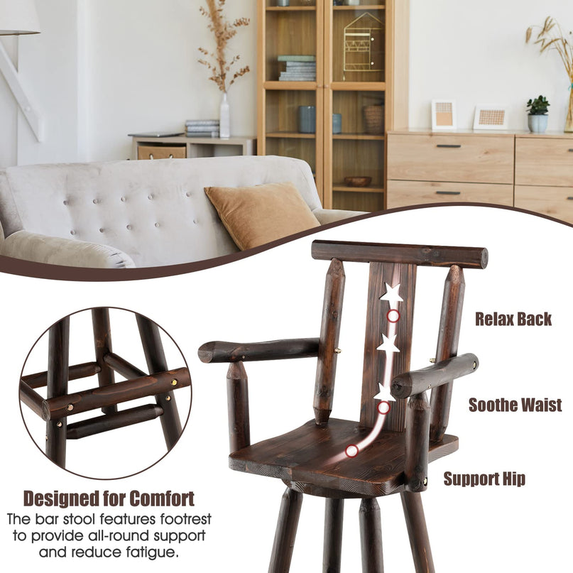 Brown Bar Stool, 29’’ Solid Fir Wood Bar Chair with Footrest, Decorative Star Backrest, Wide Armrest, Rustic Kitchen Stool