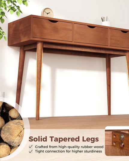 Giantex Writing Desk with 3 Drawers, 48" Computer Desk with Solid Wood Legs, Mid Century Modern Work Table