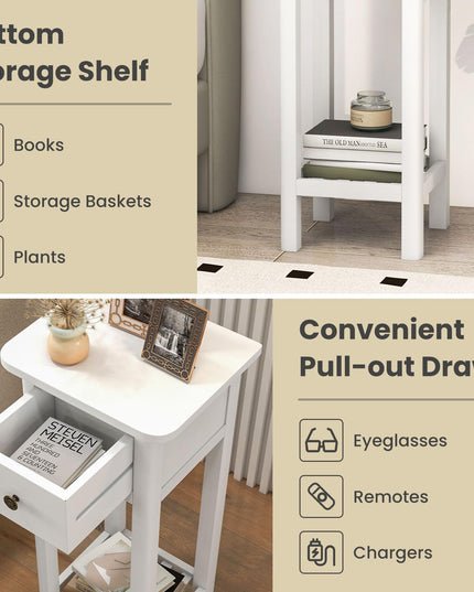 Giantex Narrow End Table with Drawer, Tall Acacia Wood Side Table with Bottom Shelf, Modern Bedside Tables