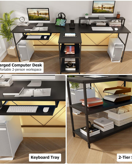 Giantex 94.5” 2 Person Desk with LED Lights, Long PC Study Desk with Storage Shelves, Power Outlets