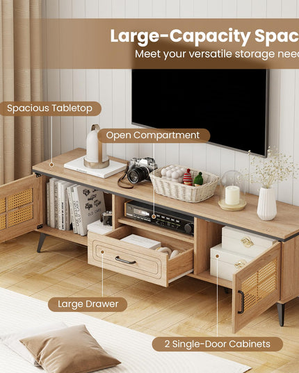 Meuble TV Giantex pour téléviseurs 60/65 pouces | Meuble de divertissement bohème avec placards de rangement