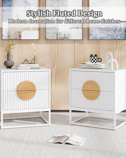 Giantex Fluted Nightstand with 2 Drawers Natural Circle Handle & Metal Frame