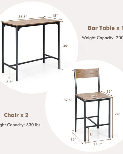 Giantex 3 Piece Pub Table Set, Bar Table and Chairs Set of 2, Rustic Brown