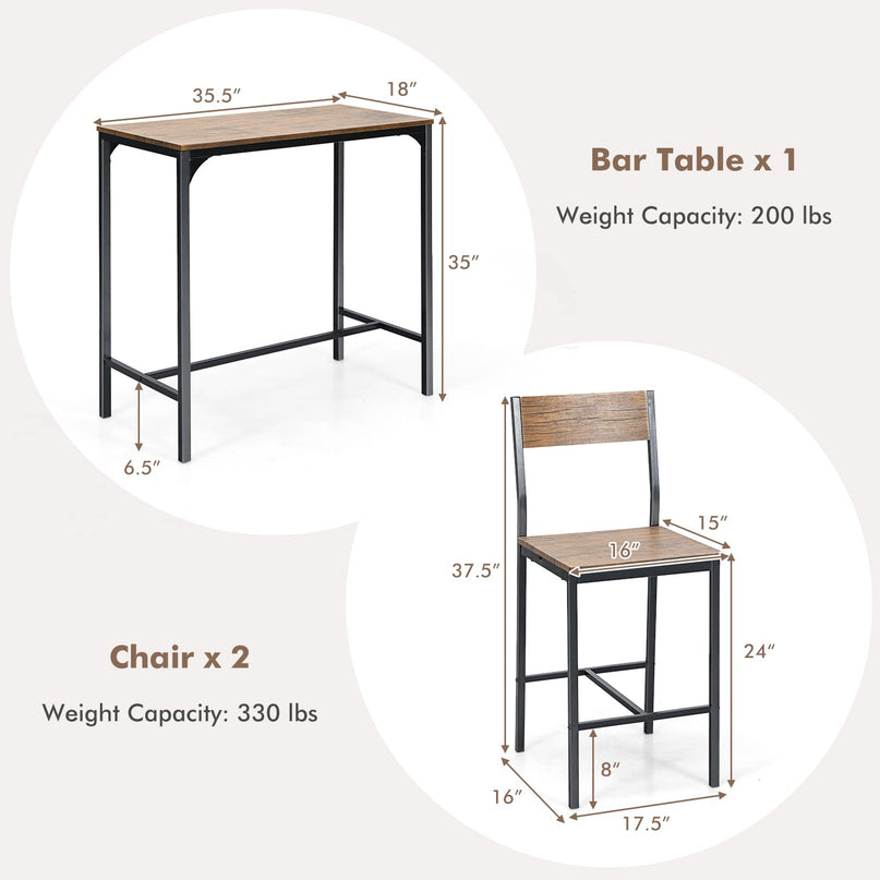 Giantex 3 Piece Pub Table Set, Bar Table and Chairs Set of 2, Rustic Brown