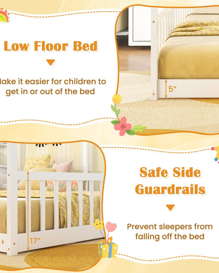 Giantex Double Twin Floor Beds for 2 Kids, Wood Twin Size House Beds with Safety Guardrails, White
