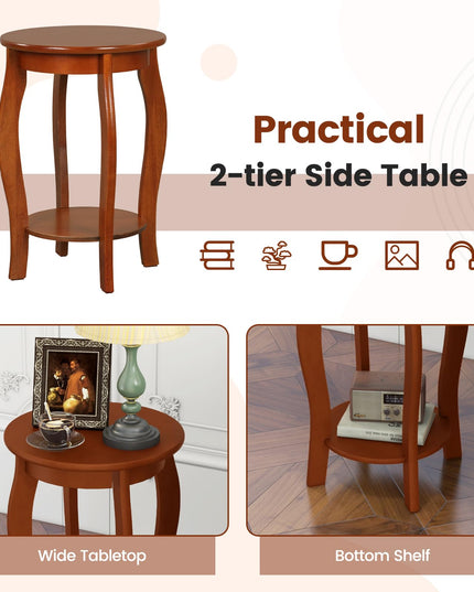 Giantex 2-Tier Round End Table, Narrow Tiered Telephone Table with Storage Shelf, Solid Wood Legs