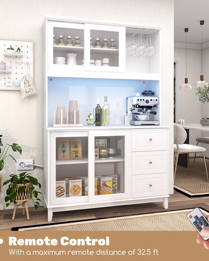 Giantex 73" Kitchen Pantry Storage Cabinet, Hutch Cabinet with LED Lights & Power Outlet, Kitchen Buffet Cabinet w/Wine Glass Racks