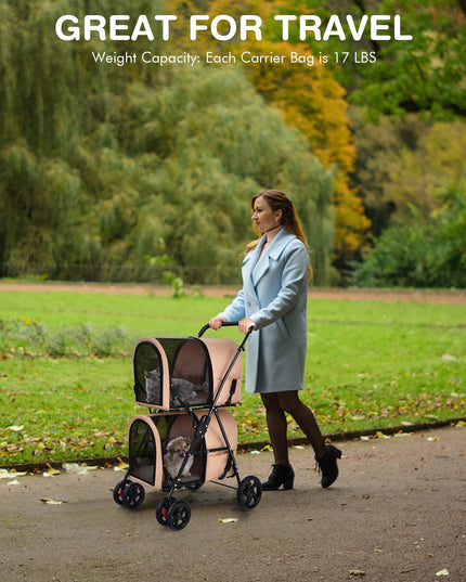Double Pet Stroller with 2 Detachable Carrier Bags, 4 Lockable Wheels Cat Stroller