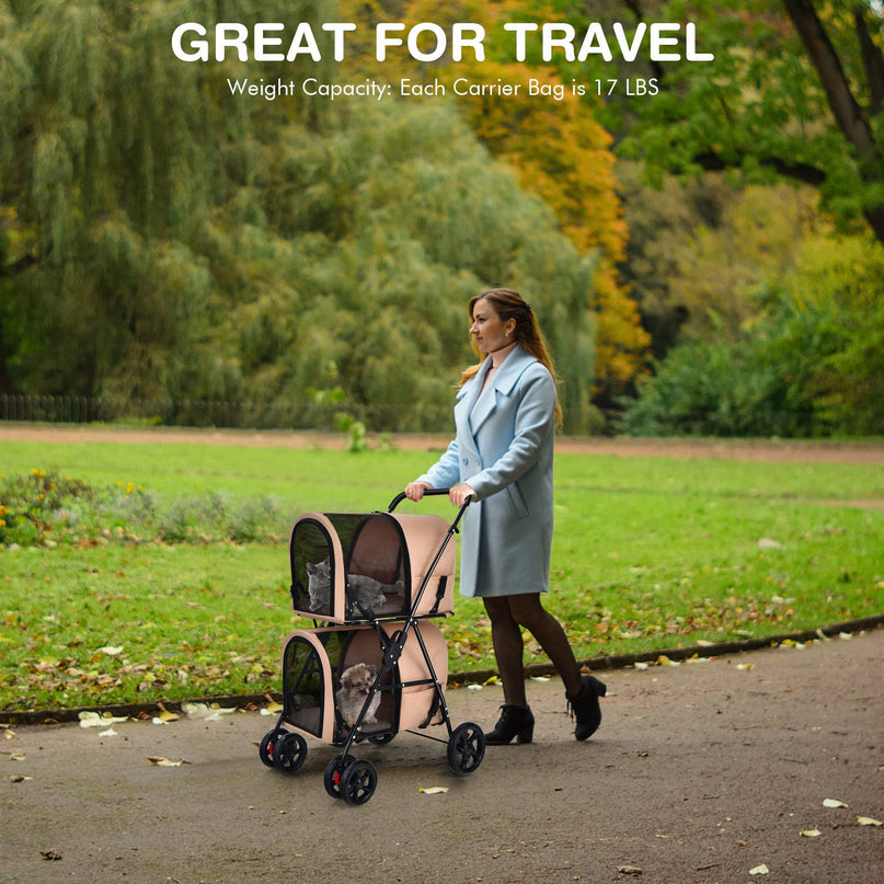 Double Pet Stroller with 2 Detachable Carrier Bags, 4 Lockable Wheels Cat Stroller