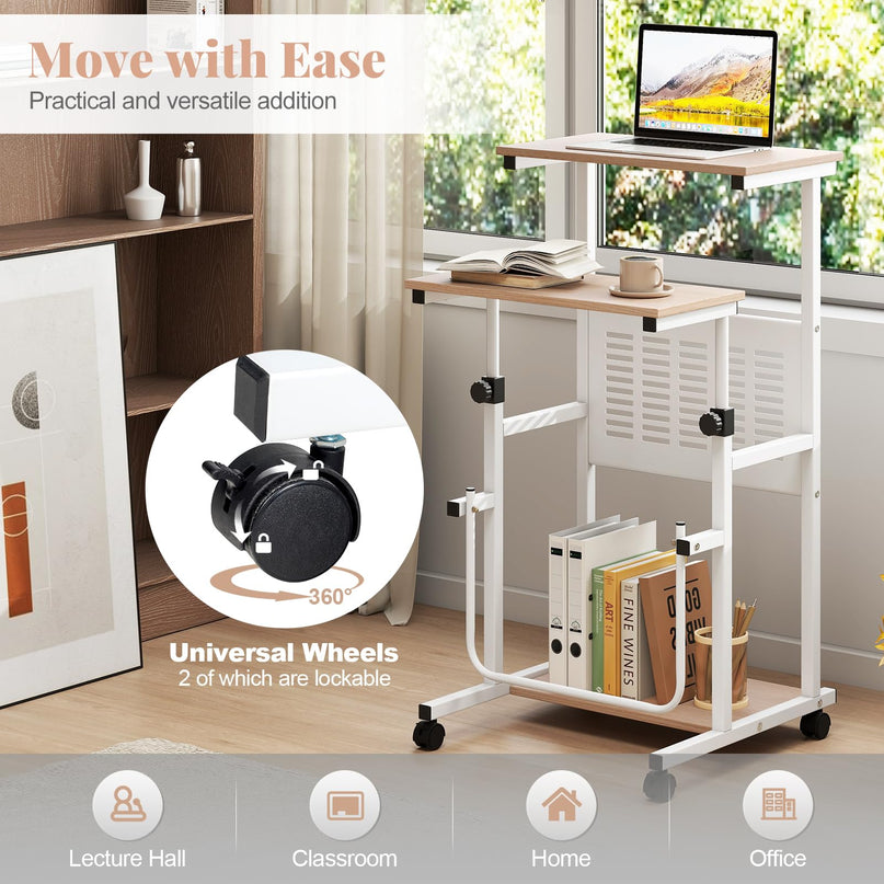 Giantex Height Adjustable Portable Laptop Cart on Wheels with Storage Shelves