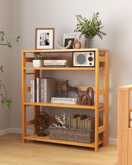 Giantex 4-Tier Bookshelf, 34.5" Floor Storage Shelf w/Rubber Wood Frame, Anti-Toppling Kits, Side Fences