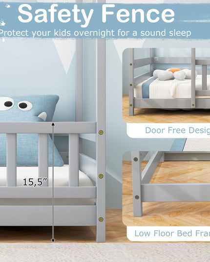 Giantex Twin Floor Bed with Fence, Wood Montessori Bed with Safety Guardrails and 80.5" High Roof Design