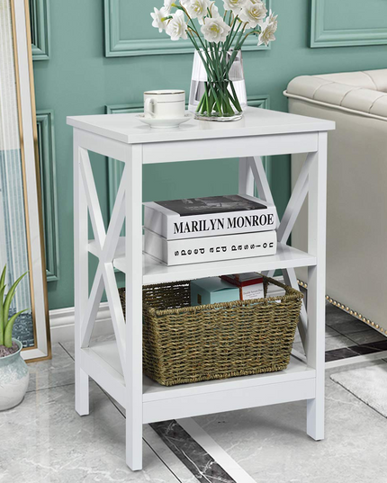 Nightstand 3-Tier X-Design W/Storage Shelves and Stable Structure Storage Organizer Display Sofa Side Table
