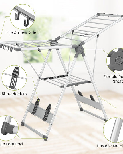 Giantex Clothes Drying Rack, 2-Layer Aluminum Foldable Laundry Drying Rack with 5-Level Adjustable Height