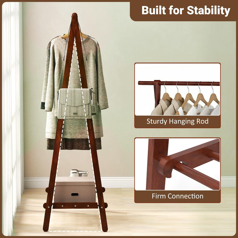Giantex Solid Rubber Wood Clothes Hanging Stand with Storage Shelf for Garments Hats Handbags