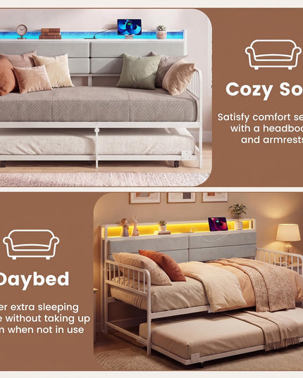 Giantex Daybed with Trundle Twin Bed Frame with LED Lights