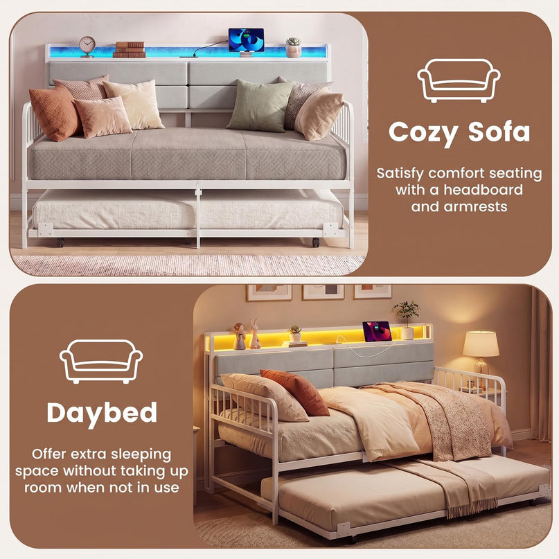 Giantex Daybed with Trundle Twin Bed Frame with LED Lights