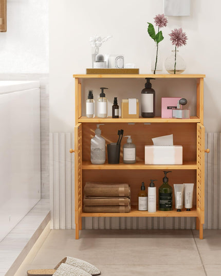 Giantex Storage Cabinet, Bamboo Bathroom Floor Cabinet with Double Louvered Doors