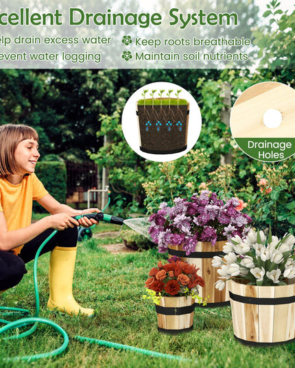 Giantex Set of 3 Barrel Planters Outdoor Acacia Wood Raised Garden Bed