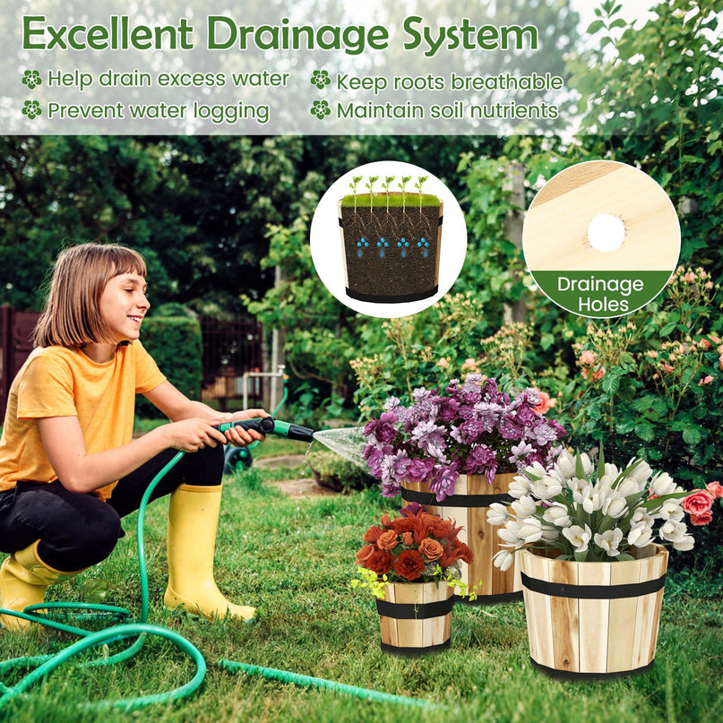 Giantex Set of 3 Barrel Planters Outdoor Acacia Wood Raised Garden Bed