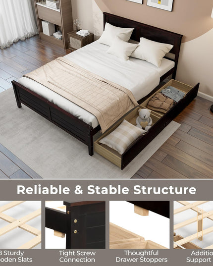 Giantex Wood Full Size Bed Frame with 2 Storage Drawers, Solid Wood Platform Bed with Headboard