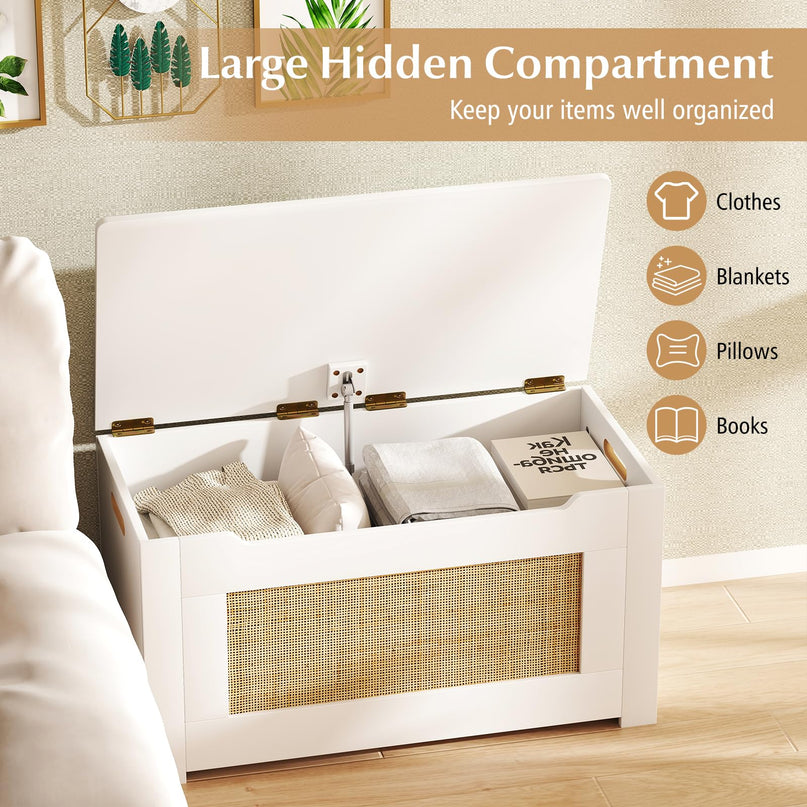 Giantex 31.5" Large Storage Chest Rattan Storage Bench with Flip Top Lid & Safety Hing