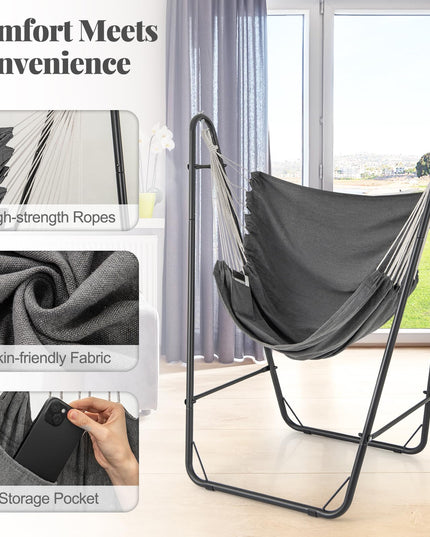 Giantex Hammock Chair with Stand - Swing Chair with Heavy Duty Metal Frame, Storage Side Pocket, Grey