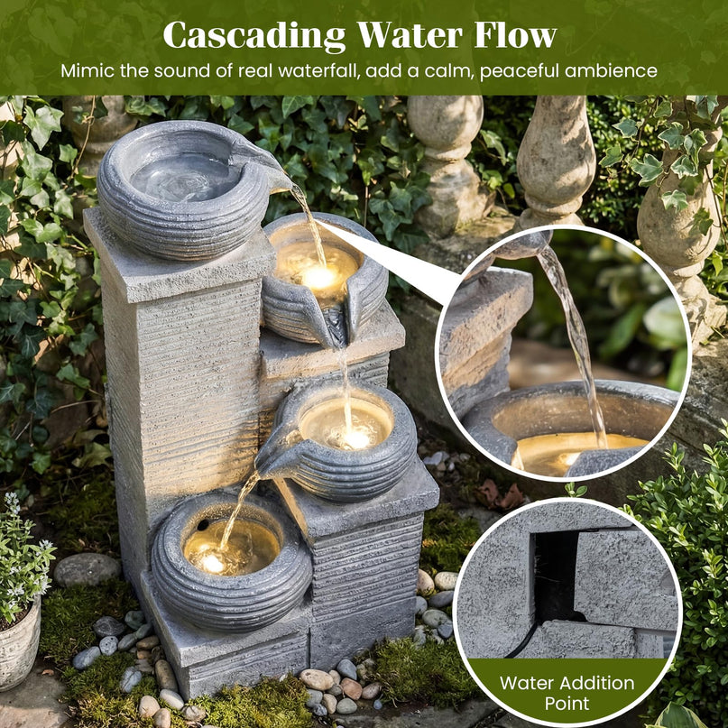 Giantex 23 Inch Cascading Bowls Waterfall Fountain with Warm LED Lights & Pump (4-Tier)