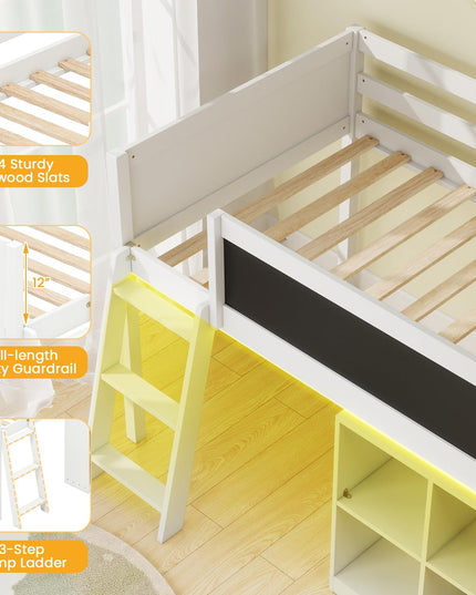 Lit mezzanine bas Giantex pour lit jumeau avec lumières LED, bibliothèque amovible et espace de rangement sous le lit