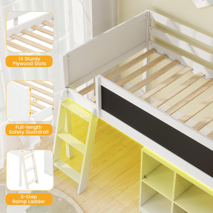 Lit mezzanine bas Giantex pour lit jumeau avec lumières LED, bibliothèque amovible et espace de rangement sous le lit