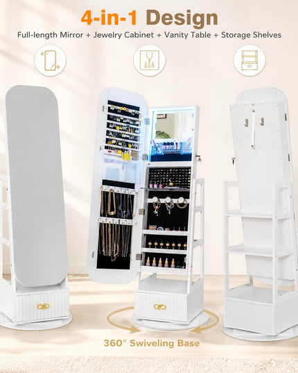CHARMAID 360° Swivel Lockable Jewelry Armoire with Fluted Drawer