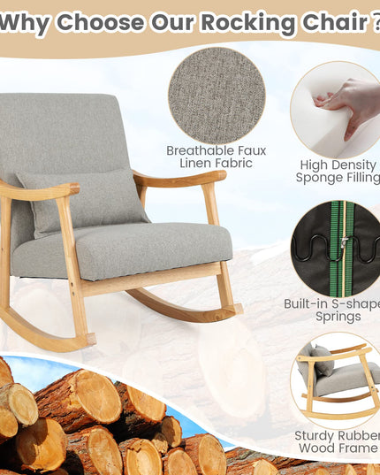 Giantex Upholstered Rocking Chair - Modern Rocker with Rubber Wood Frame, Comfy Backrest & Seat